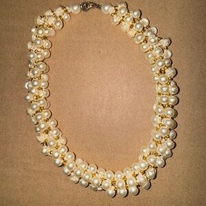 Multi strand neckalce imitation pearl button w/ gold beads